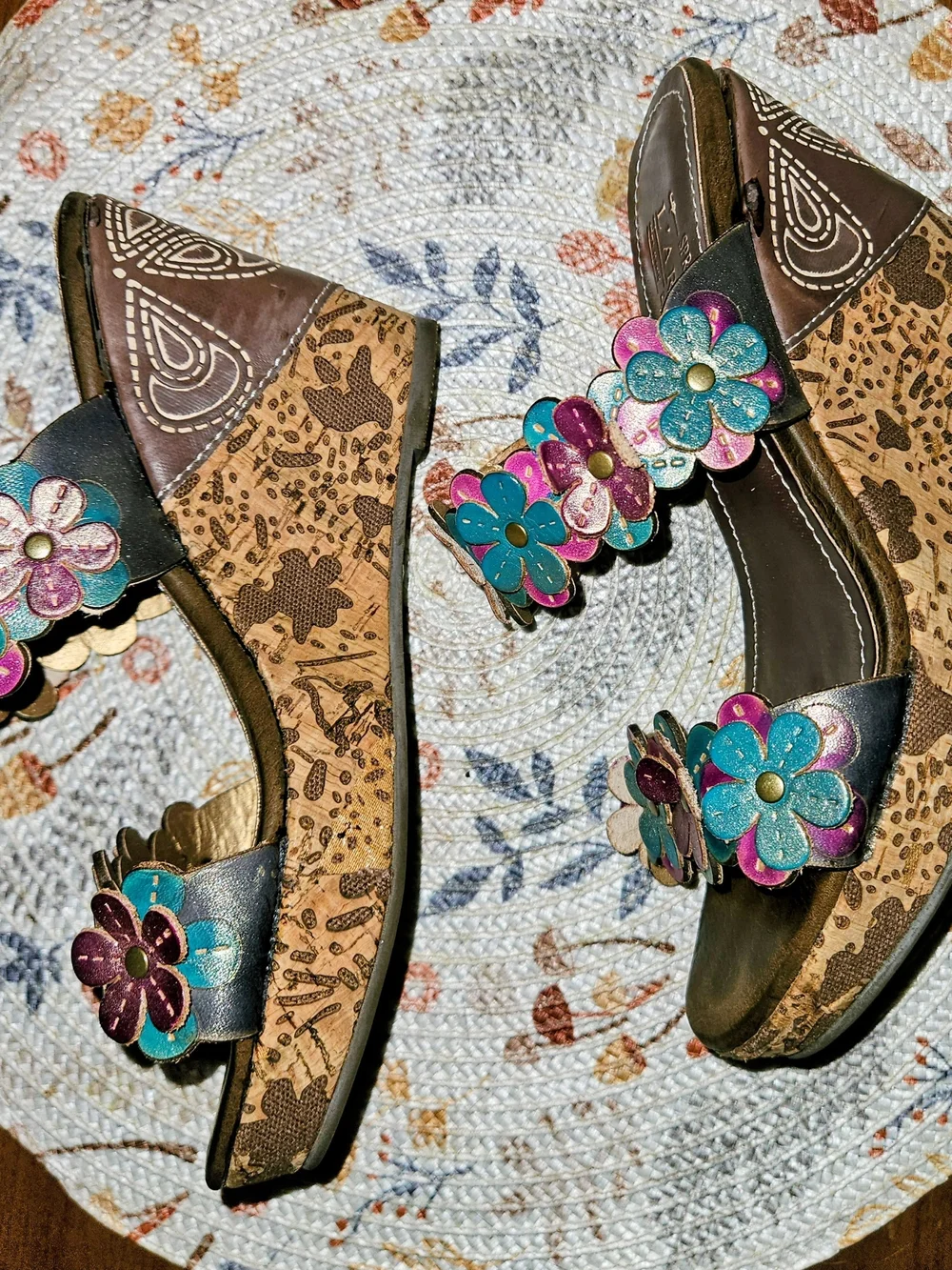 L'artiste Teal and Magenta Floral Leather Wedge Sandals